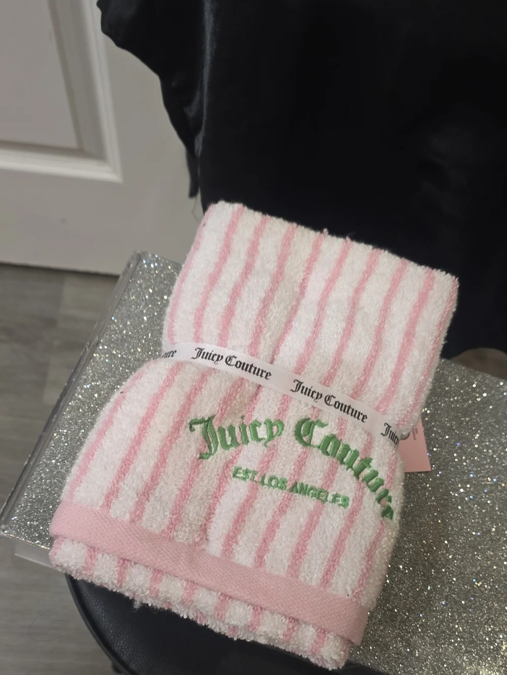 Juicy Couture Home Pink & White Striped Logo Hand Towel Set